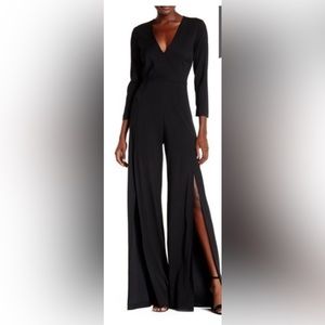 NWT Veronica Beard Black Long-Sleeve V Neck Slit Wide-Leg Jumpsuit Size 8